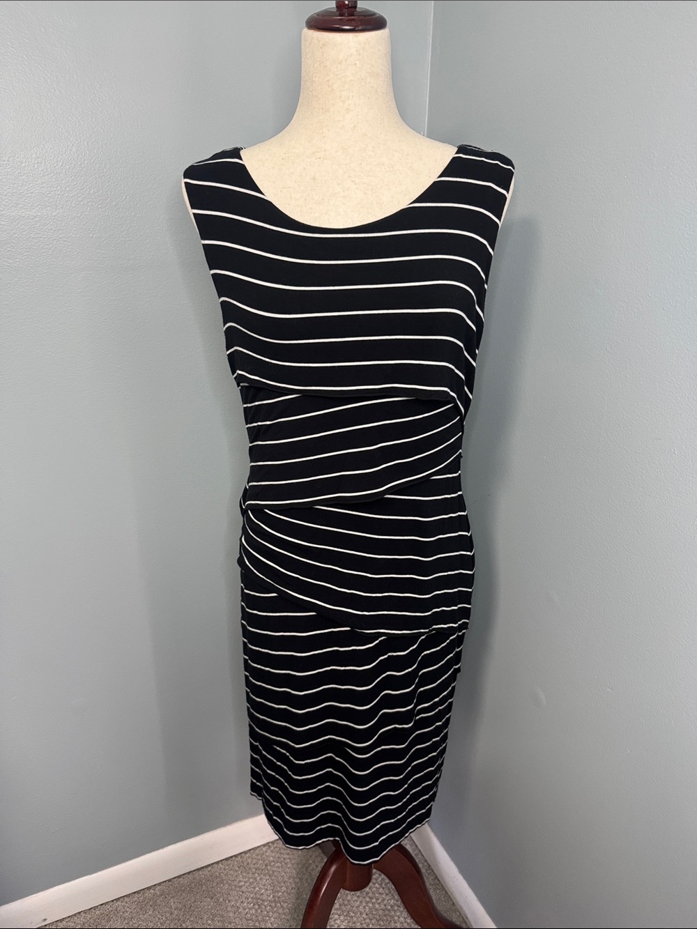 Calvin Klein Women’s Black/White Stripe Tiered Midi Dress Sz 12